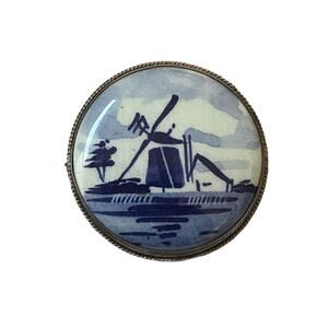 1960s Delft Pottery White & Blue 925 Silver Small  Dutch Windmill Shorline Pin